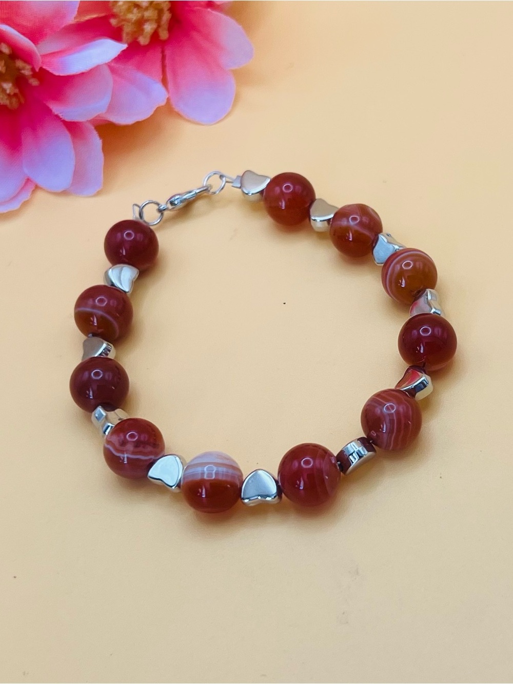 Agate Bead Bracelet with Silver heart Accents